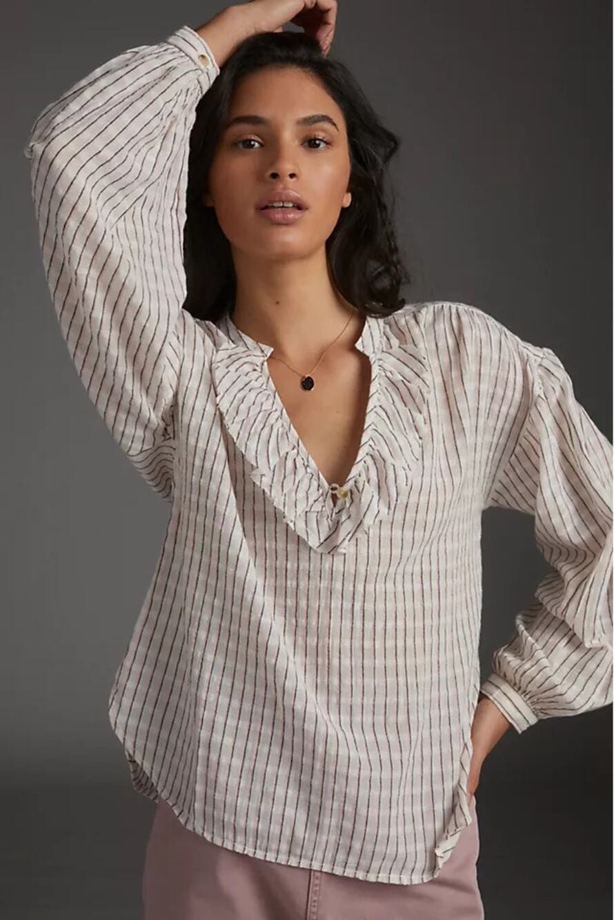 Pilcro by Anthropologie Brianna Striped Ruffled Peasant Blouse White Womens 2X